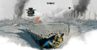 Illustration en volume, aux couleurs d&eacute;lav&eacute;es : un soldat repli&eacute; dans un trou creus&eacute; sous un filet de camouflage, tandis que trois drones survolent un champ d'arbres d&eacute;chiquet&eacute;s et de fum&eacute;es noires