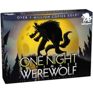 Bo&icirc;te du jeu : la silhouette noire d'un loup-garou hurlant se d&eacute;coupe sur une pleine lune jaune au-dessus d'une for&ecirc;t de sapins, sous le titre One Night Ultimate Werewolf