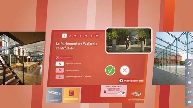 &Eacute;cran de quiz sur fond rouge &agrave; bandes verticales. En haut, huit num&eacute;ros dont le premier est actif. La question : &laquo; Le Parlement de Wallonie contr&ocirc;le-t-il : &raquo; et trois r&eacute;ponses &eacute;tiquet&eacute;es A, B et C. Au centre, une grande coche verte et une grande croix rouge ; en bas &agrave; droite, &laquo; Question suivante &raquo;.