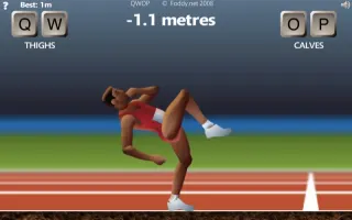 Capture du jeu : le sprinteur s'effondre en arri&egrave;re sur la piste, jambes repli&eacute;es ; en haut, le compteur affiche &laquo; -1,1 metres &raquo;, les touches Q et W sont &eacute;tiquet&eacute;es &laquo; thighs &raquo; et les touches O et P &laquo; calves &raquo;