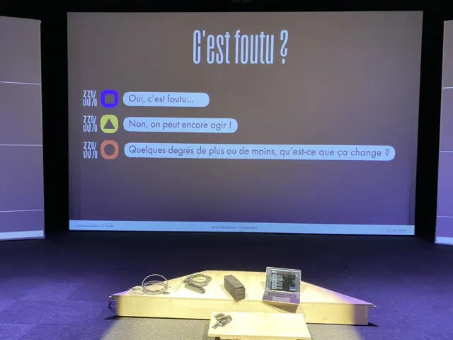 Grand &eacute;cran violet dans une salle sombre. En haut, le titre &laquo; C'est foutu ? &raquo;. En dessous, trois r&eacute;ponses pr&eacute;c&eacute;d&eacute;es d'un pictogramme et d'un pourcentage identique de 33 % : &laquo; Oui, c'est foutu&hellip; &raquo;, &laquo; Non, on peut encore agir ! &raquo;, &laquo; Quelques degr&eacute;s de plus ou de moins, qu'est-ce que &ccedil;a change ? &raquo;. Un bandeau technique en bas affiche &laquo; protocole GaIA &raquo;, des coordonn&eacute;es et la date du 22/10/2022. Devant l'&eacute;cran, une estrade en bois avec un ordinateur portable et des c&acirc;bles.