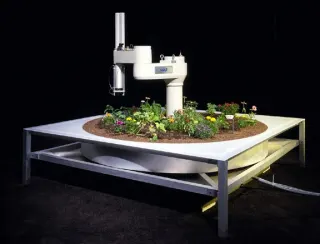 Un bras robotis&eacute; industriel mont&eacute; au centre d'un parterre de terre circulaire pos&eacute; sur une table d'acier, plant&eacute; de fleurs et de pousses, sur fond noir