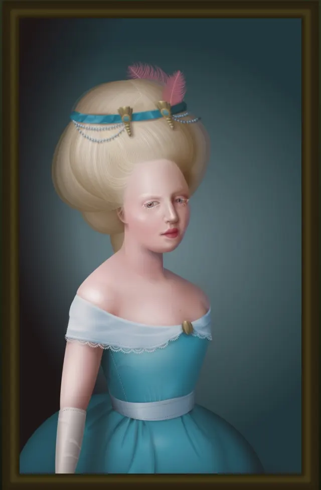 Portrait d'une femme en robe bleue &agrave; &eacute;paules d&eacute;nu&eacute;es, coiff&eacute;e d'une haute perruque blonde orn&eacute;e d'un ruban et d'une plume rose, sur fond sombre d&eacute;grad&eacute;, dans un cadre dor&eacute;. Le rendu imite la peinture &agrave; l'huile : ombres douces sur la peau, plis du satin, m&egrave;ches individuelles.